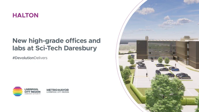 Modern office and lab buildings at Sci-Tech Daresbury with parking and landscaped greenery under a blue sky.