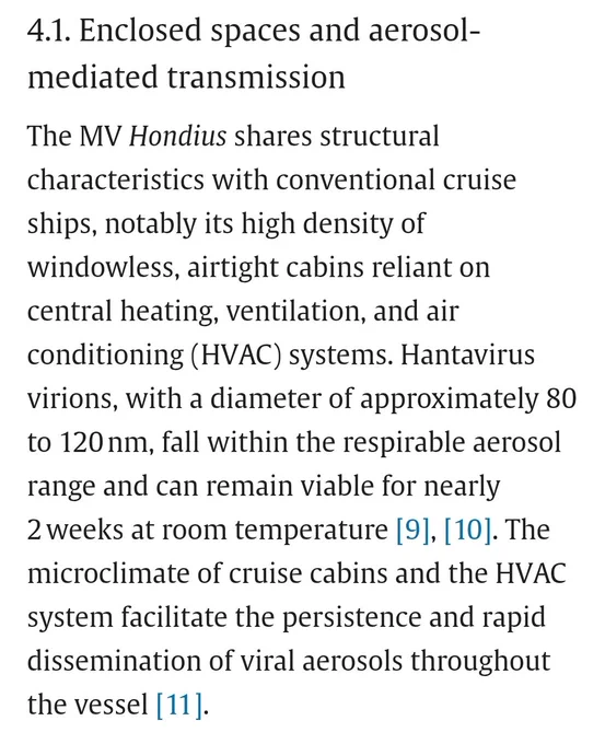 4.1. Enclosed spaces and aerosol-mediated transmission
The MV Hondius shares structural characteristics with conventional cruise ships, notably its high density of windowless, airtight cabins reliant on central heating, ventilation, and air conditioning (HVAC) systems. Hantavirus virions, with a diameter of approximately 80 to 120 nm, fall within the respirable aerosol range and can remain viable for nearly 2 weeks at room temperature [9], [10]. The microclimate of cruise cabins and the HVAC system facilitate the persistence and rapid dissemination of viral aerosols throughout the vessel [11].