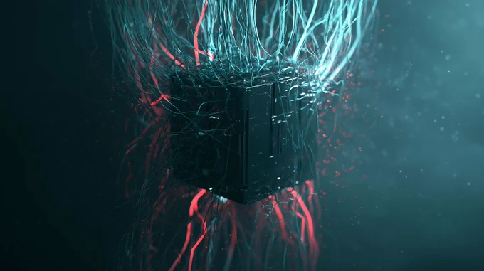 A dark, metallic geometric cube floating in a dark environment, heavily entangled by chaotic, glowing cyan and red cables spreading outward. A visual representation of Agent Sprawl and unmonitored enterprise architecture.