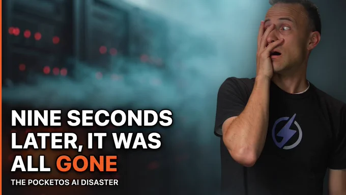 Thumbnail for a video titled “The PocketOS AI Disaster.” Large text reads “NINE SECONDS LATER, IT WAS ALL GONE,” with “GONE” highlighted in orange. On the right, a man in a dark T-shirt reacts with shock, covering part of his face and looking off-frame. The background shows blurred server racks and a smoky, blue-gray haze, suggesting a data-center failure or major data-loss incident.