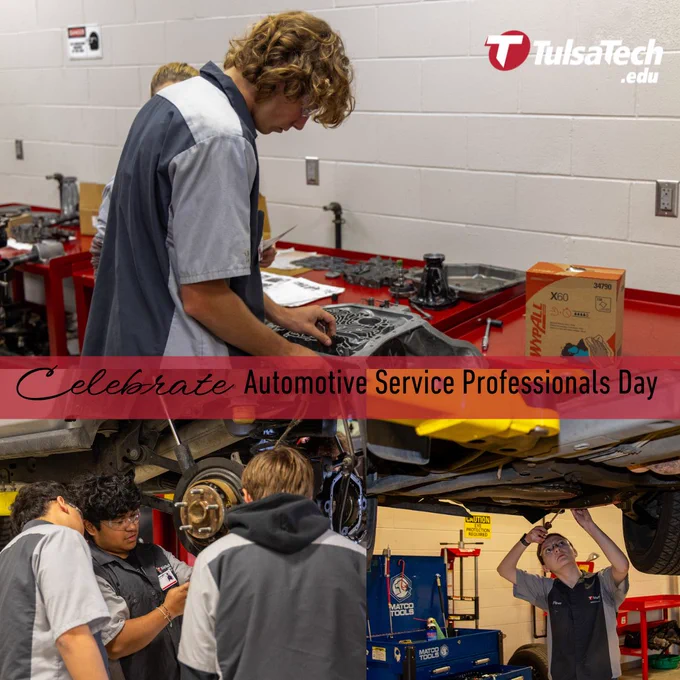 Tulsa Tech students working on automotive repairs in a workshop celebrating Automotive Service Professionals Day.