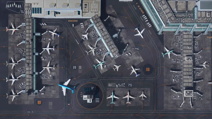 Aerial image of an airport tarmac featuring many planes.