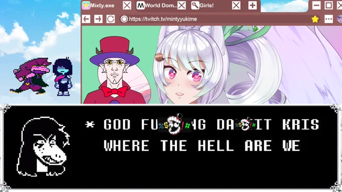 image of susie and kris from deltarune on minty's stream with potter and a text bubble saying "GOD FU***ING DA**IT KRIS WHERE THE HELL ARE WE"