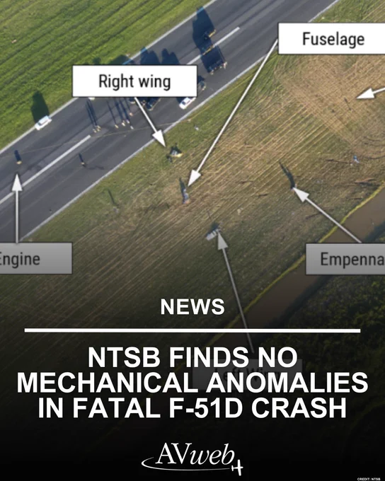 Aerial view of an aircraft crash site. NTSB finds no mechanical issues in the fatal F-51D crash.
