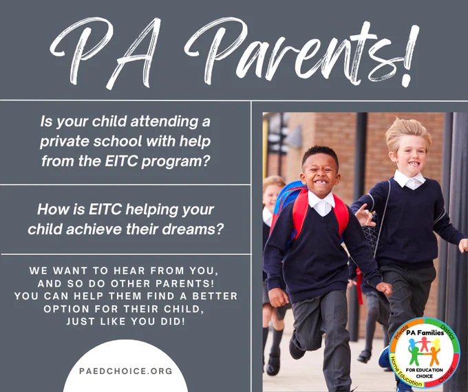 A promotional image encouraging parents to share experiences with the EITC program, featuring children joyfully running outside a school.