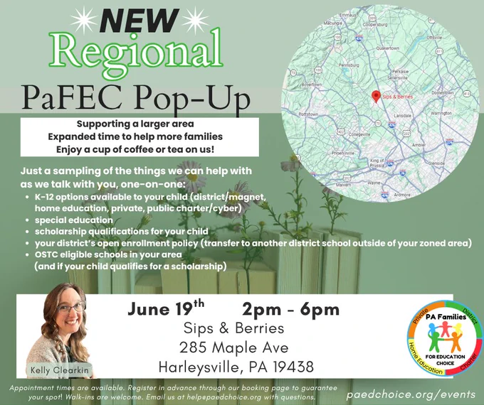 Flyer promoting a regional PaFEC Pop-Up event in Harleysville, PA. Includes event details, a map, and assistance information.