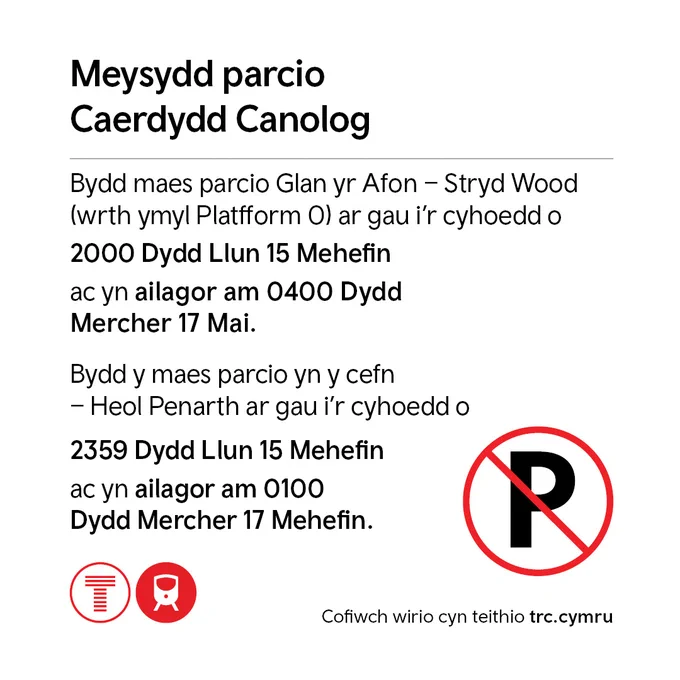 Graffig yn dangos gwybodaeth cau meysydd parcio Caerdydd Canolog. Mae maes parcio Glan yr Afon – Stryd Wood (wrth ymyl Platform 0) ar gau o 20:00 ddydd Llun 15 Mehefin tan 04:00 ddydd Mercher 17 Mehefin. Mae’r maes parcio cefn ar Heol Penarth ar gau o 23:59 ddydd Llun 15 Mehefin tan 01:00 ddydd Mercher 17 Mehefin. Mae’r graffig yn cynnwys symbol dim parcio ac eiconau trafnidiaeth, gyda nodyn i wirio gwybodaeth teithio ar trc.cymru.