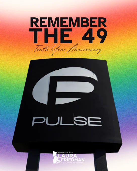 A commemorative image for the tenth anniversary of the Pulse tragedy, featuring a rainbow gradient background and text remembering the 49 victims.