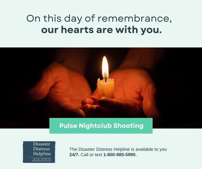Candle held in hands with text: "On this day of remembrance, our hearts are with you." Below, a tag reads "Pulse Nightclub Shooting." 