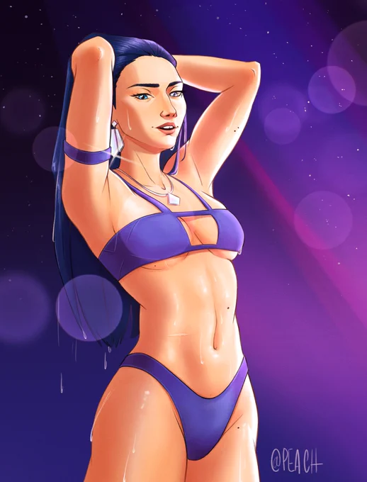 Caitlyn Kiramman, in her 2XKO Pool Party Nights skin, standing with her hands tossing her hair back, body wet and glistening from coming out of the water, smirks down at the viewer over a blue starred sky, purple lights surrounding her.