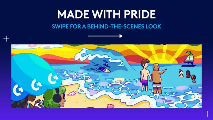 An illustrated image of people on a beach. Image uses bold and bright colors to celebrate Pride Month. Text on the top of the image reads, “Made with pride. Swipe for a behind-the-scenes look.”