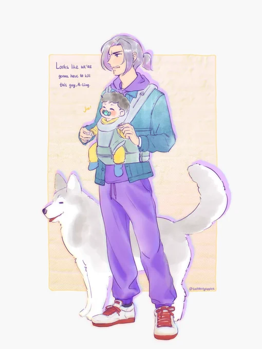 Jiang Cheng with a baby Jin Ling strapped to his chest in a baby carrier, fluffy husky Fairy by their side. Jiang Cheng is holding Jin Ling’s chubby little hands when you have a baby you must hold their hands I don’t make the rules here. Jiang Cheng is dressed in matching purple hoodie and sweat pants, with a denim jacket over the hoodie, and white-red sneakers. Jin Ling is in a matching yellow hoodie and sweat pants and little blue sockie booties, while happily suckling on a round frog painted pacifier. 

Jiang Cheng: Looks like we’re gonna have to kill this guy, A-Ling.
Jin Ling, muffled from behind pacifier: Joo!