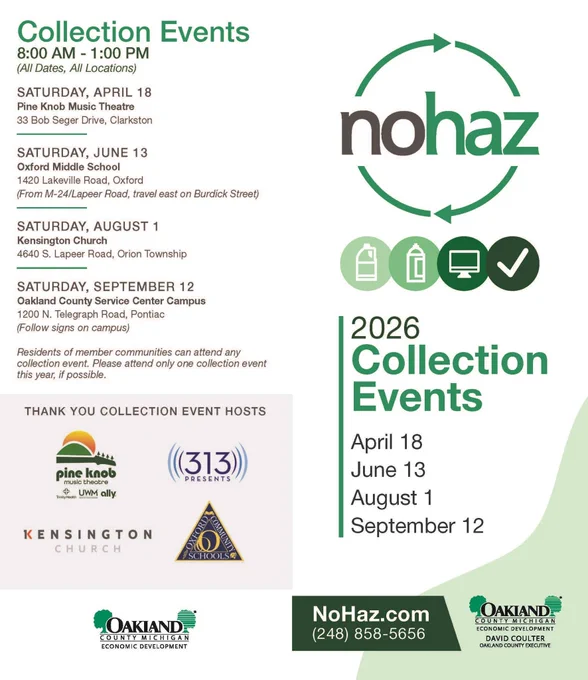 Schedule of NoHaz 2026 collection events with dates, locations, and times from April to September in Oakland County.