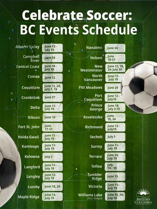 Title: Celebrate Soccer: BC Events Schedule. Two columns of communities with their respective dates. Visit: SupernaturalBC.com for events near you.