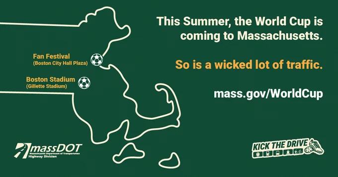 Map of Massachusetts highlighting Boston City Hall Plaza and Gillette Stadium for World Cup events with traffic warning.