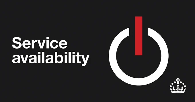 Service availability text with a power button icon and a crown symbol on a black background.