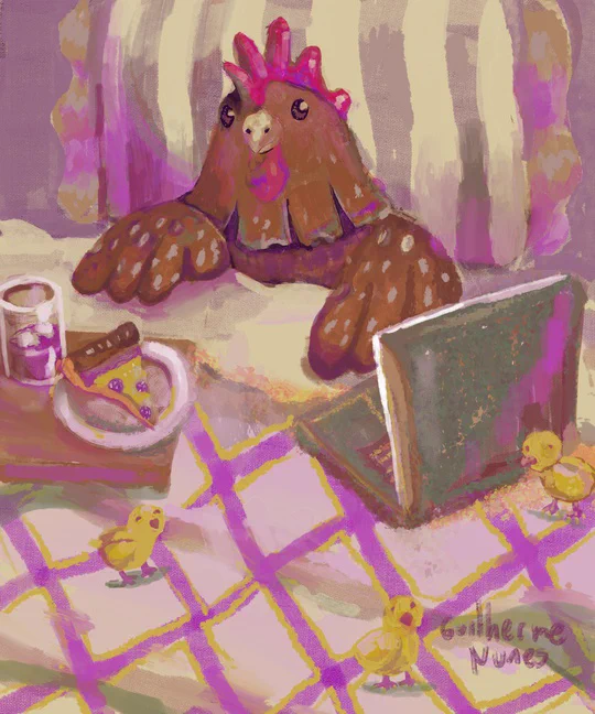 painting of a hen comfortably lying in bed with her chicks watching a series on her laptop, eating pizza, and drinking soda
