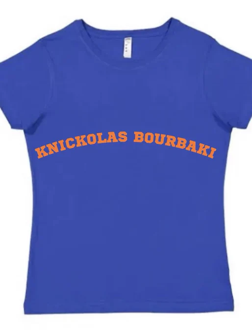Blue t shirt that says knickolas bourbaki