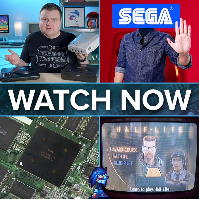 A collage of four images from Krazy Ken's Sega Dreamcast episode. The first image shows a confused Krazy Ken sitting in his lair. He's holding a Sega Dreamcast video game console and a Genesis and Saturn are sitting on the table in front of him. Second, a person is standing against a red background. Their hand is a giant Sega logo, and they are holding their hand toward the viewer, making a "stop" gesture. Third, a close-up of the graphics chip on the Dreamcast motherboard. Fourth, the Half-Life video game main menu is displayed on a CRT. At the bottom of the collage is a small pixel art sprite of Sonic the Hedgehog. In the middle of the collage is large text that says, watch now.