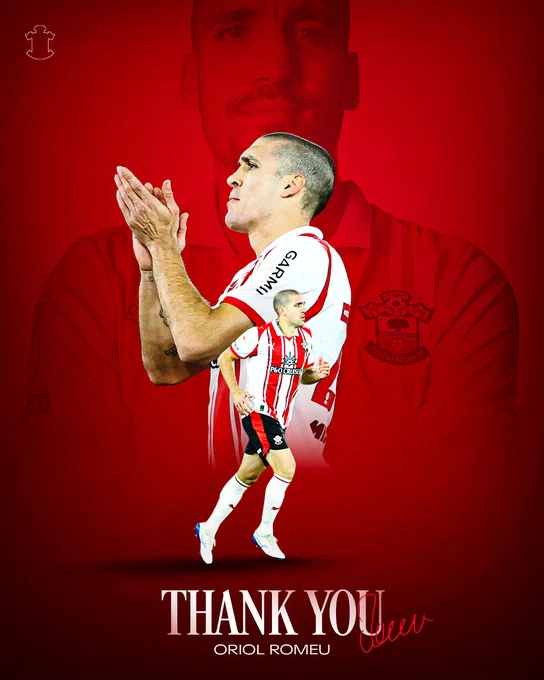 A graphic for Oriol Romeu featuring three images of the Southampton midfielder on a red background with the words "Thank You Oriol Romeu".