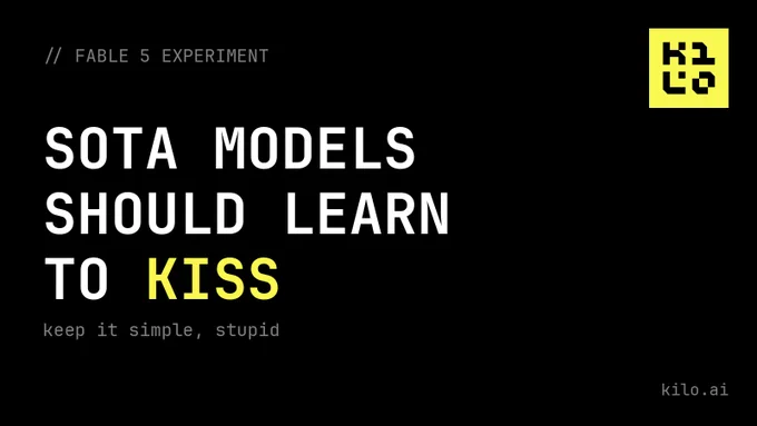 Black card with large monospace text reading "SOTA MODELS SHOULD LEARN TO KISS," with KISS highlighted in yellow. Below in smaller grey text: "keep it simple, stupid." Labeled "// FABLE 5 EXPERIMENT" with the Kilo logo in the corner.