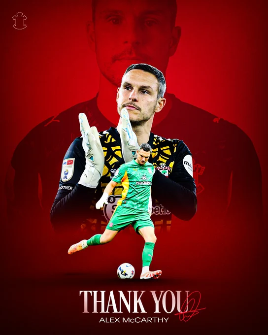A graphic for Alex McCarthy featuring three images of the Southampton goalkeeper on a red background with the words "Thank You Alex McCarthy".