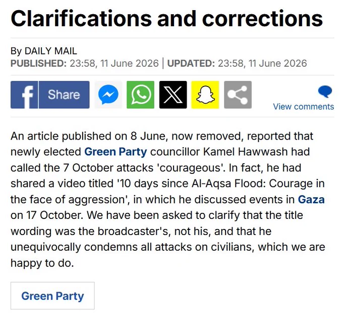 Daily Mail clarification and correction about Kamel Hawwash.