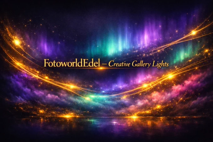 Gold‑Aurora Banner with swirling light trails, glowing colors and mystic Fine‑Art atmosphere, Creative Gallery Lights vibe.