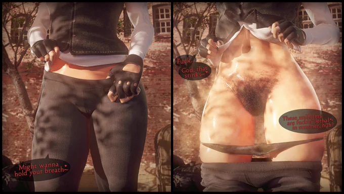 A 2-panel comic of Faith showing off her sweaty, bushy, swampy crotch after a long hot day in her academy uniform.