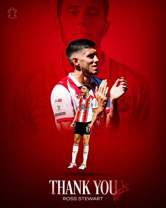 A graphic for Ross Stewart featuring three images of the Southampton striker on a red background with the words "Thank You Ross Stewart".