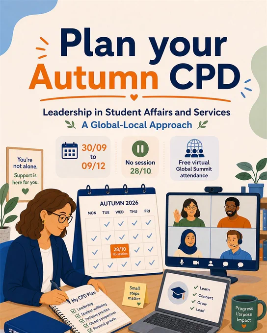 Illustrated planned dates graphic for Leadership in Student Affairs and Services: A Global-Local Approach, showing the date range 30/09 to 09/12 and no session on 28/10.