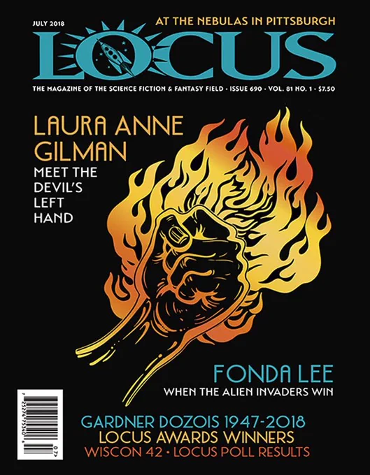 locus magazine cover - burning fist on black background