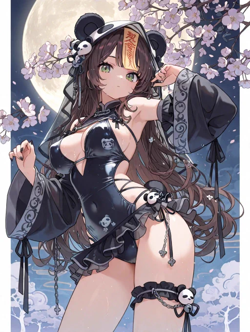 パンダキョンシー水着
ワンピースver.


【衣装】
gothic panda jiangshi swimsuit,
gothic one-piece swimsuit
black lace swimsuit,
white fur panda accents,
dark chinese talisman ribbons,


panda-ear hood,
large fluffy panda ears,
panda face emblem,

long detached sleeves,
cross-laced side straps,
moon and bell accessories,
transparent gothic veil,
mini panda plush charms,
silver chain ornaments,
high-cut swimsuit,
dark frilled skirt layer,


【（背景例）】
dark fantasy atmosphere,
purple moonlight,
floating talisman papers,
misty night,
sparkling particles,
cinematic lighting,
simple dark background
