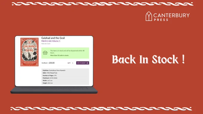 Graphic of a laptop with the web page to buy Galahad and the Grail by Malcolm Guite. Text reading 'back in stock' which is white on a red background. 