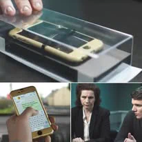 Image of a mobile phone as evidence and a person being interviewed.