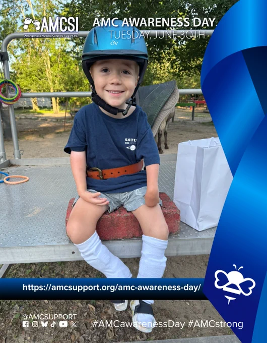 The AMCSI logo is small, white, in the upper-left corner & the background is a dark blue-to-blue circular gradient. It says ‘AMC AWARENESS DAY TUESDAY, JUNE 30TH’ in white, big lettering next to the AMCSI logo, with a photo of Zippy sittin' on a brick with a blue bicycle helmet on in the park, with a large blue ribbon on the right with the white bumblebee on the bottom left corner of it. Near the bottom is a blue-to-dark-blue gradient bar that runs behind the ribbon on the right & all the entire width, with the AMC Awareness Day AMCSI website link "https://amcsupport.org/amc-awareness-day/" in bold white lettering across it. At the bottom right are the logos of Facebook, Instagram, BlueSky, TikTok, YouTube, and X. The text "@AMCSUPPORT" is located above them, on the bottom left, and the hashtags “#AMCawareness” & “#AMCstrong” are displayed on the bottom right, all in white.

#AMCCommunity
#ArthrogryposisMultiplexCongenita
#RareCondition
#DisabilityAwareness
#DisabilityCommunity
