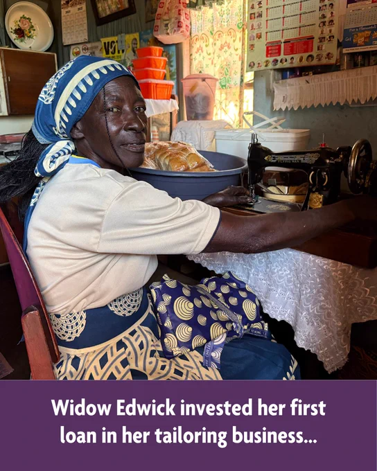 The first of three slides shows a photo of MicroLoan Foundation client Edwick at her sewing machine in her kitchen. Below the photo in a purple panel, it says: Widow Edwick invested her first loan in her tailoring business…’ The second slide shows a photo of Edwick holding a tray of homemade buns, below the photo it says: She’s now diversified and doubled her income by baking buns…’ The third and final slide shows Edwick on the right, sitting next to two other women in her loan group centre. Below the photo, text says: And become the Treasurer of the Bosha Centre in Domboshava, Zimbabwe.