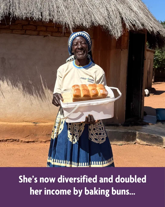 The first of three slides shows a photo of MicroLoan Foundation client Edwick at her sewing machine in her kitchen. Below the photo in a purple panel, it says: Widow Edwick invested her first loan in her tailoring business…’ The second slide shows a photo of Edwick holding a tray of homemade buns, below the photo it says: She’s now diversified and doubled her income by baking buns…’ The third and final slide shows Edwick on the right, sitting next to two other women in her loan group centre. Below the photo, text says: And become the Treasurer of the Bosha Centre in Domboshava, Zimbabwe.