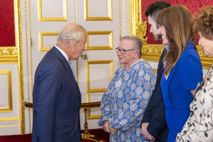Margaret Grayson speaking to King Charles III.
Joining Their Majesties at the reception were The Princess of Wales and The Duke and Duchess of Gloucester. The Duke is Joint President of Cancer Research UK, alongside Princess Alexandra and King Charles III is patron of Cancer Research UK.
