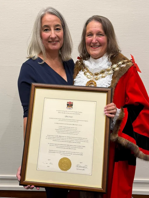 Alderman Tiffany Harper receives the award of Honorary Alderman from the Mayor of Fareham, Cllr Tina Ellis