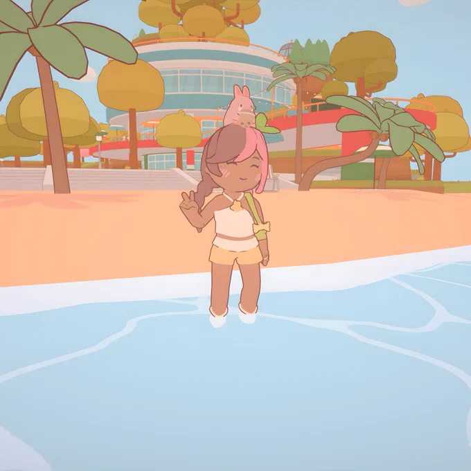 On together character holding up a peace sign, smiling and standing at the beach shore