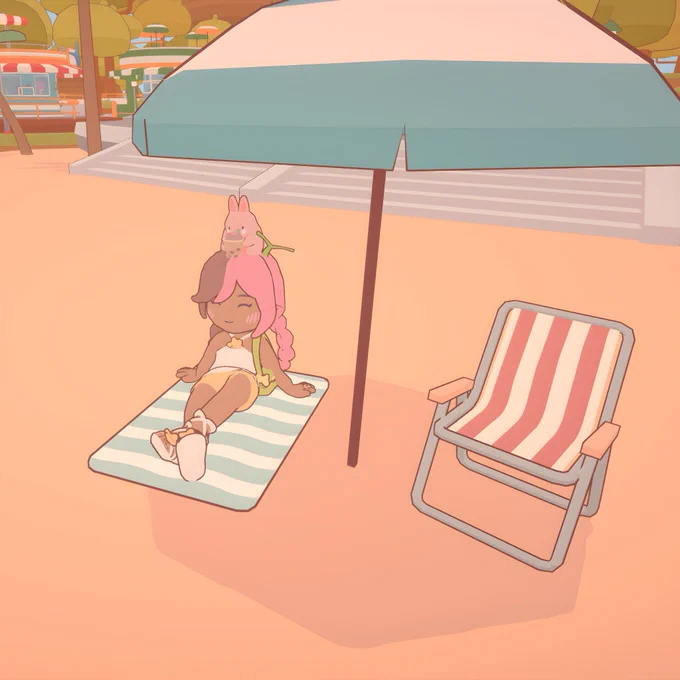 On together character smiling and sitting down on a beach towel