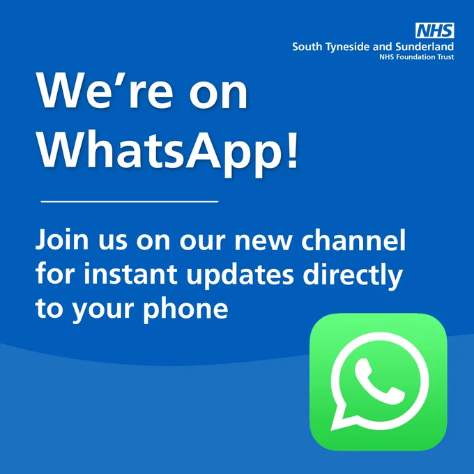 Blue graphic featuring NHS logo. Text reads: "We're on WhatsApp! Join us on our new channel for instant updates directly to your phone." WhatsApp logo displayed.