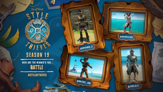 Framed images of the winners of the Style of Thieves Season 19 Battle theme.