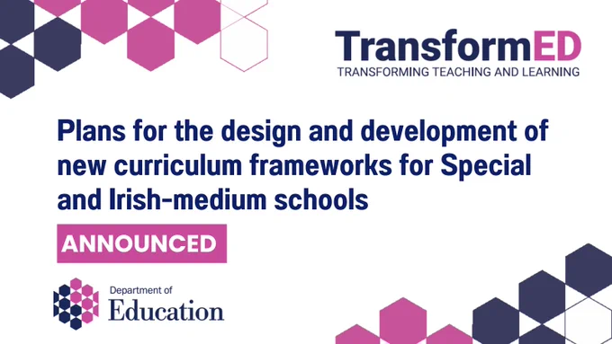 Illustrated graphic with added text "Plans for the design and development of new curriculum frameworks for Special and Irish-medium Schools announced"