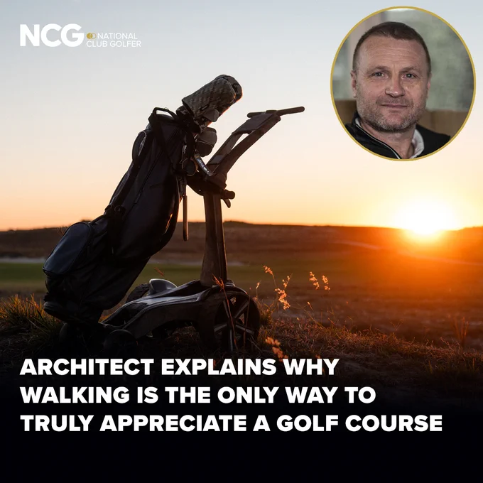 A golf trolley stands silhouetted against a sunrise while a male architect discusses how walking enhances the golf course experience.
