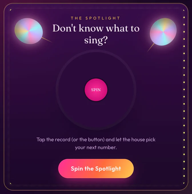 Screenshot of a karaoke song selection app called “The Spotlight” with a theatrical purple-and-pink stage-inspired design. At the top, large text asks, “Don’t know what to sing?” Two colorful spotlight graphics shine from the upper corners. In the center is a large record-like circle with a pink button labeled “SPIN.” Below, instructions read, “Tap the record (or the button) and let the house pick your next number.” At the bottom is a large gradient button labeled “Spin the Spotlight.” The interface is framed by a decorative stage border with glowing marquee-style lights along the right edge.