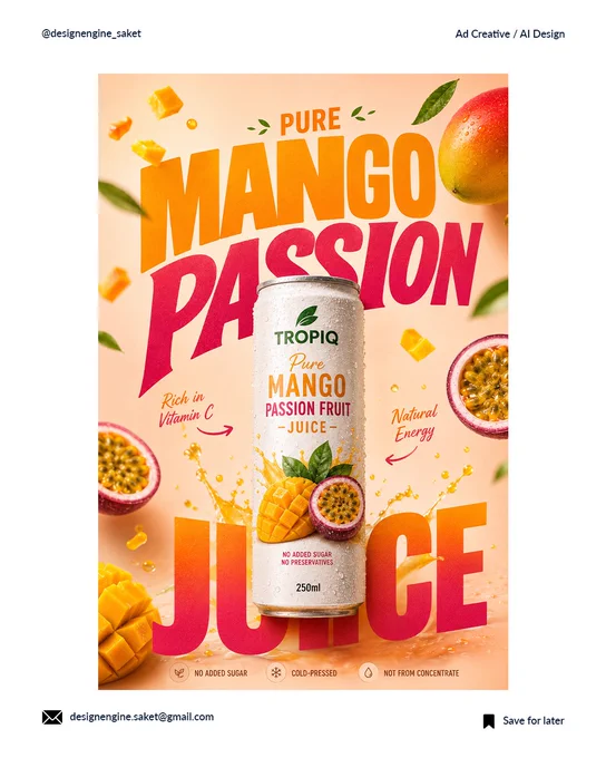 A vibrant, ultra-realistic commercial beverage advertisement for a fictional brand named "TROPIQ". In the center is a sleek 250ml matte white aluminum can covered in realistic water droplets, labeled "Pure Mango Passion Fruit Juice." Bold, oversized typography reads "PURE MANGO PASSION JUICE" in orange-to-pink gradients layered behind the can. The background features a soft peach-cream gradient with dynamic fruit splashes, floating mango cubes, sliced passion fruits, and fresh green leaves. Benefit callouts in a handwritten font read "Rich in Vitamin C" and "Natural Energy." The top corners include the handles "@designengine_saket" and "Ad Creative / AI Design".