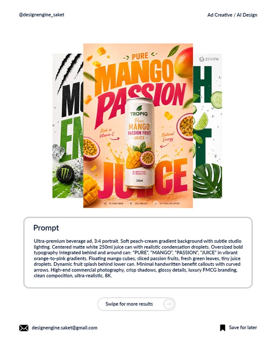 A social media carousel slide displaying the "Pure Mango Passion Juice" ad poster partially overlapping two other product concept posters. Below the images, a large structured text box highlights the exact AI generation prompt. The text details requirements like a "3:4 portrait, soft peach-cream gradient background, matte white 250ml juice can with condensation droplets, oversized bold typography, minimal handwritten benefit callouts, and luxury FMCG branding." At the bottom, a button graphic reads "Swipe for more results."