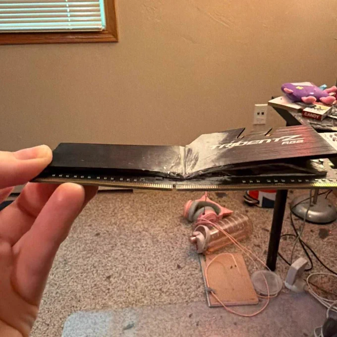 G.Skill DDR5 memory module after getting hit with a bullet.